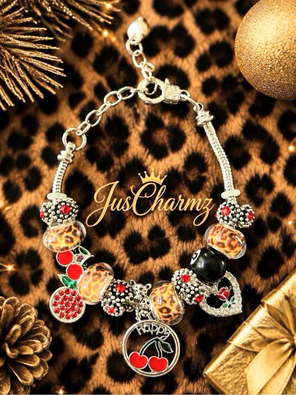 Gold-Tone Leopard & Cherry Charm Bracelet